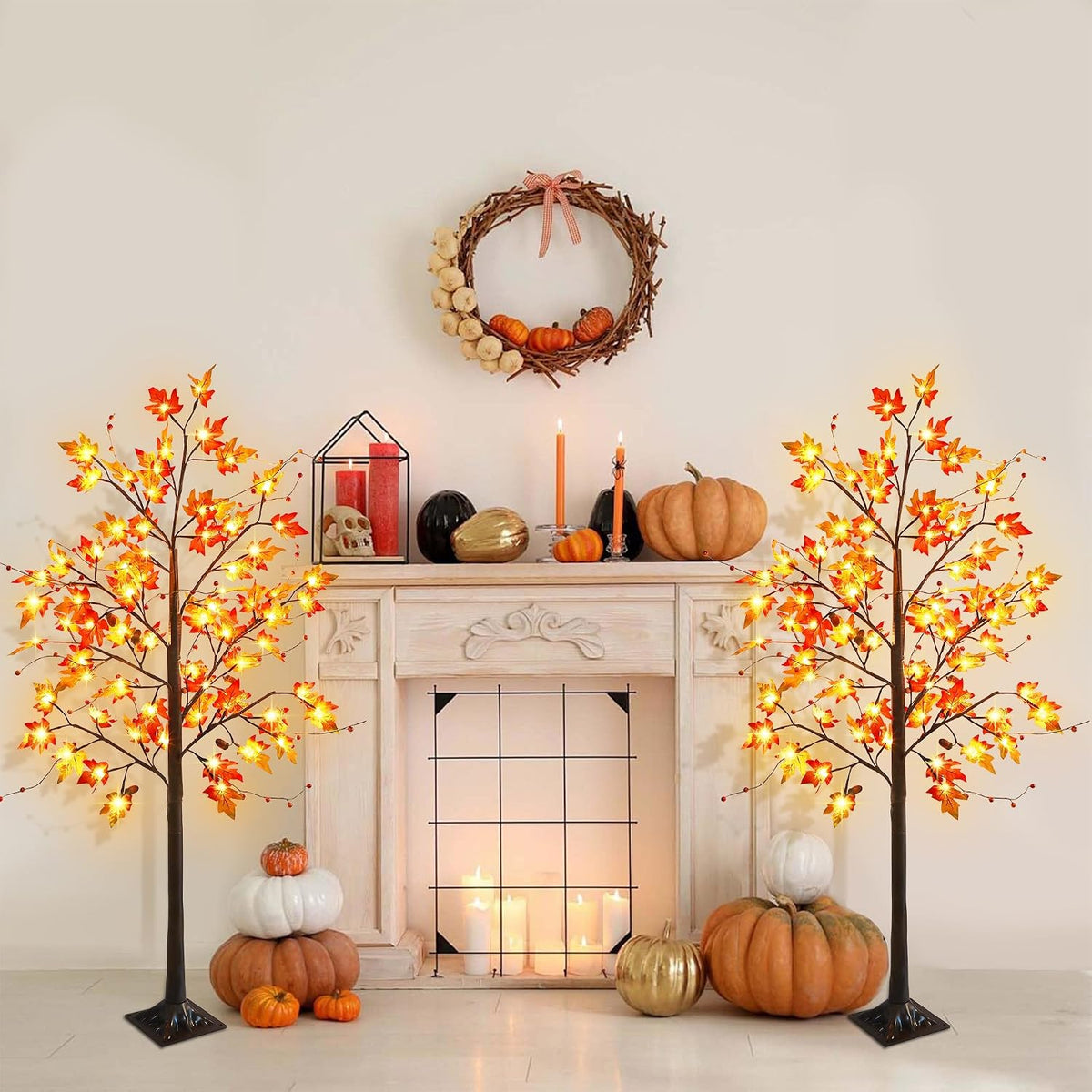FORUP LED Lighted Maple Tree, 4 FT Lighted Artificial Tree for Thanksgiving Harvest Fall Festival Halloween Home Party Decoration