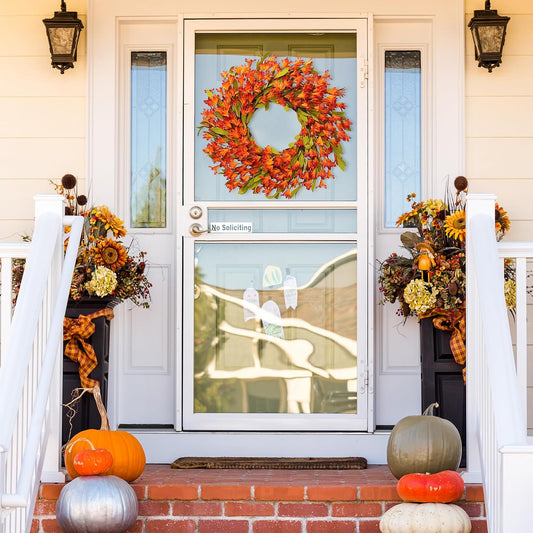 Artificial Fall Wreath 22’’ Autumn Front Door Wreath with Forsythia Flowers Greenery Leaves Orange Berries for Outside Indoor Wall Window Festival Thanksgiving Fall Harvest Autumn Decor