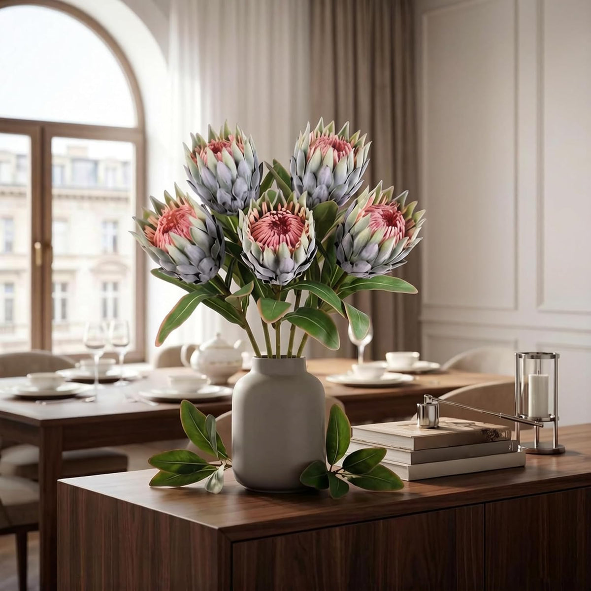 5PCS Artificial Protea Flowers with Flocked Finish, 19 Inch Faux Tropical Silk Flowers for Arrangement & Decor, Wedding, Centerpiece