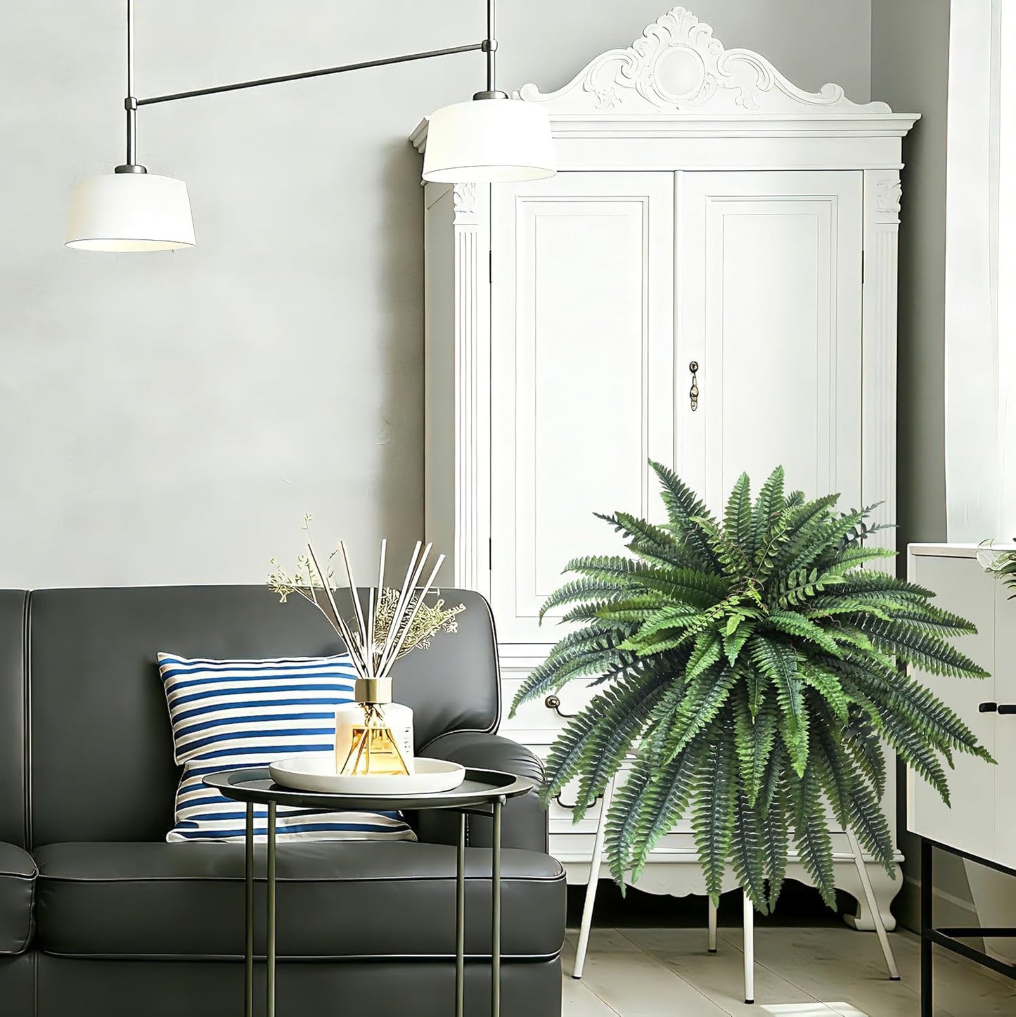 Artificial Boston Fern 2 Set 55 Branches Fake Ferns for Outdoors 32Inch Faux Plant for Home Living Room Office Decor