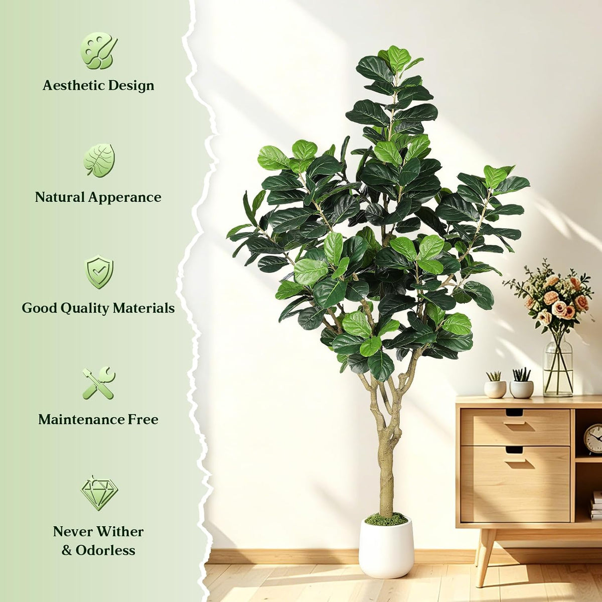 Artificial Fiddle Leaf Fig Tree 6ft for Faux Plants Indoor Home Green Decor