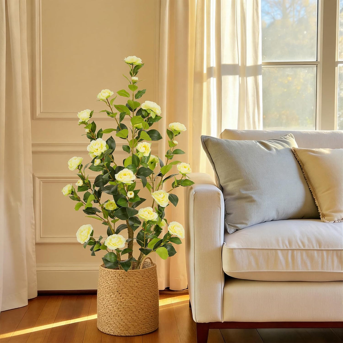 5ft Artificial Camellia Tree with Silk Orange Flowers, 60in Faux Camellia Plant with Lifelike Trunk, Fake Flower Tree Potted Front Door Plants for Porch Patio Deck Living Room Decor, 2Pack