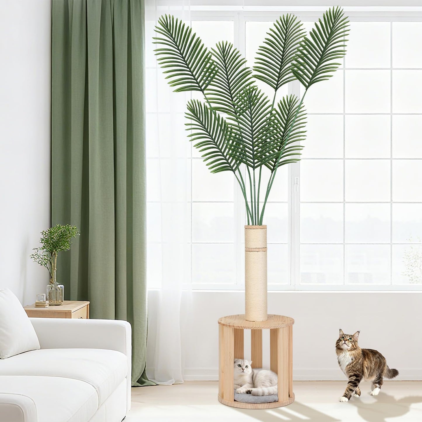 82.7'' Tall Modern Cat Tree for Indoor Cats,Artificial Areca Palm Tree Cat Tower with Solid Wood Cat Bed,Nature Sisal Scratching Post,Removable Mat,Aesthetic Cat Activity Center for Small Medium Cats