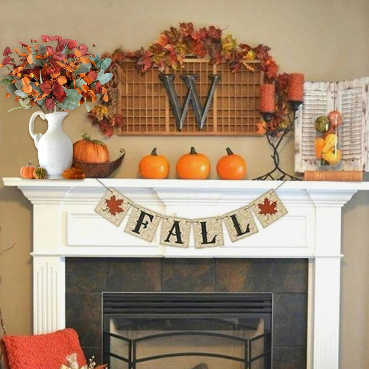 22 inch Fall Wreath Artificial Green and Orange Wreaths for Front Door with Lamb's Leaves Eucalyptus Leaves Berries Wreath for Indoor Outdoor Porch Thanksgiving Harvest Celebration