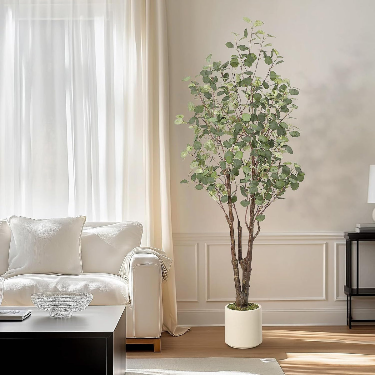 6FT Artificial Eucalyptus Tree, PE Material & 8 Modes LED Lights with Remote Control, Pre-Potted Faux Plant for Home Office Wedding Party Decor