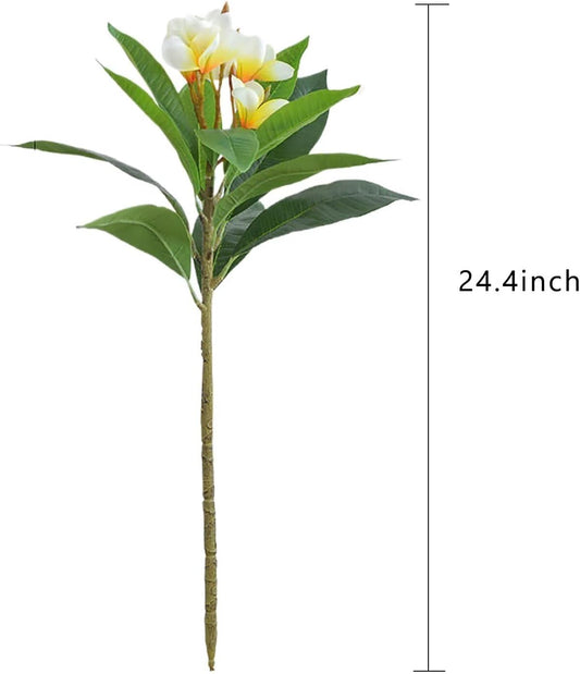 4Pcs Artificial Frangipani Flower Yellow Fake Plumeria Flowers with Leaves Real Touch Lifelike Plumeria with Stems Faux Frangipani Flower Bouquets for Home Office Wedding Decoration