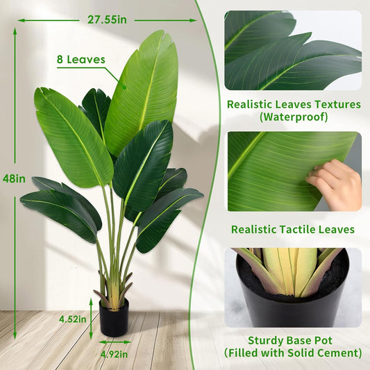 Artificial Bird of Paradise Plant 5.2Ft Fake Tropical Palm Tree with 10Trunks Faux Banana Leaf Trees in Pot for Home Indoor Outdoor Office Modern Decor Housewarming Gift(1Pcs)