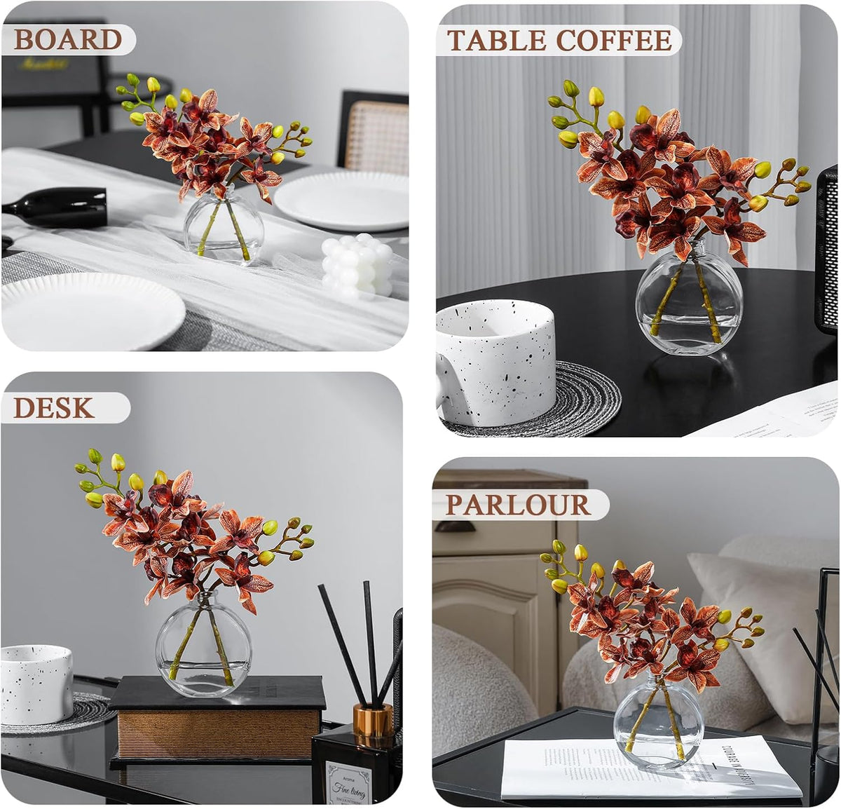 White Textured Coated Silk Artificial Orchid Flowers with Clear Glass Vase and Faux Water, 11" Faux Phalaenopsis Orchid Arrangement Centerpiece for Dining Table Bathroom Decor