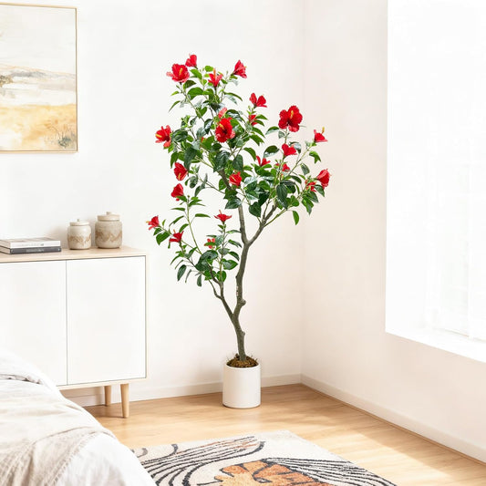 5 Feet Hibiscuses Artificial Tree, Faux Tree with Realistic Leaves, Red Flowers Potted Faux Plant Indoor Flowering Trees for for Front Porch Office Home Patio Indoor Outdoor Decor