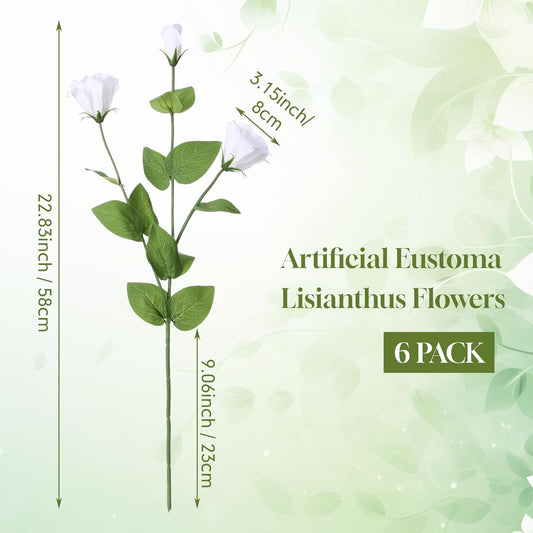 Thiccywoov 6 Bundles White Artificial Flowers Silk Fake Eustoma Lisianthus Flowers with 3 Heads Long Stem Faux Floral Arrangement Branch for Vase DIY Wedding Party Bouquet Table Centerpiece Home Decor