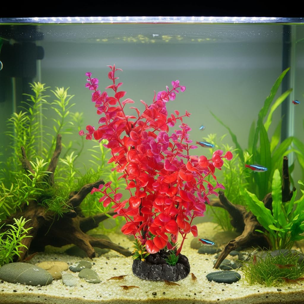 Red Aquarium Plants - Artificial Plastic Fish Tank Decor, Realistic Ornament Safe for Fish & Shrimp, Low-Maintenance Aquascaping Plants for Freshwater/Saltwater Tank Landscaping