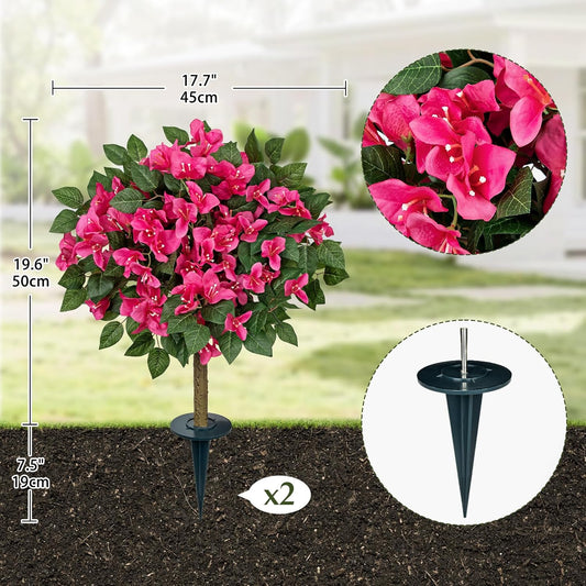 Set of 2 Artificial Bougainvillea Topiary Trees with Ground Spike, 32in Hot Pink Fake Flowers Topiary Faux Silk Floral Plants for Front Porch Garden Patio Outdoor Decor