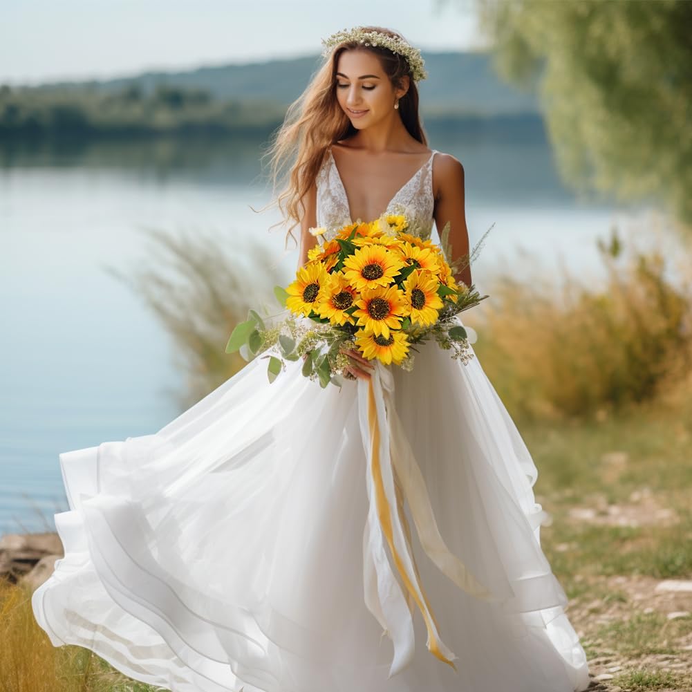 Artificial Sunflowers with Stems,10pcs Faux Silk Yellow Flower for Wedding Bouquet Floral Arrangement Table Centerpieces Home Office Garden Decoration (No Vase