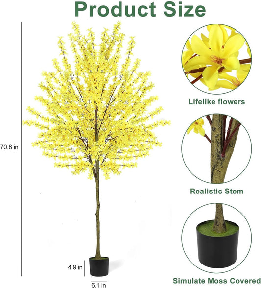 6Ft Tall Artificial Forsythia Tree, Fake Tree Faux Silk Plant with Plastic Nursery Pot,Artificial Plants for Home Office Indoor Decor(Yellow)