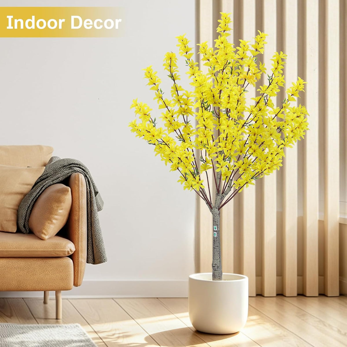 6Ft Tall Artificial Forsythia Tree, Fake Tree Faux Silk Plant with Plastic Nursery Pot,Artificial Plants for Home Office Indoor Decor(Yellow)