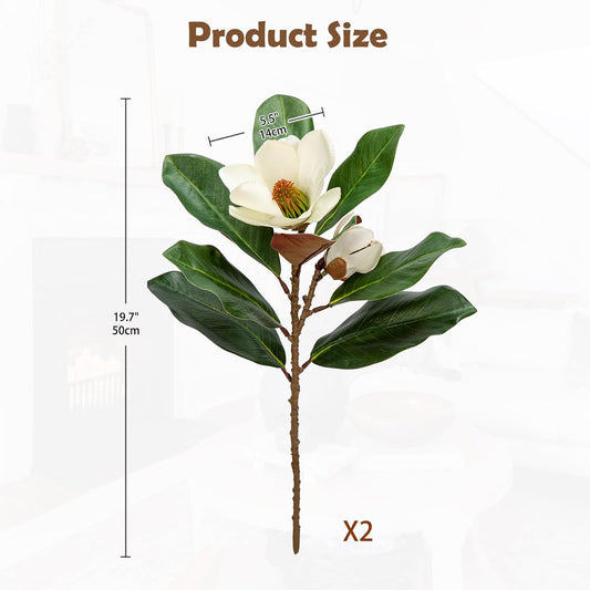 Artificial Magnolia Floral Stems 2PCS 19.7'' Tall Faux Magnolia Silk Flowers Bouquet Fake Greenery Branches for Home Wedding Arrangements Table Vase Centerpieces Rustic Decor(Vase not Included)