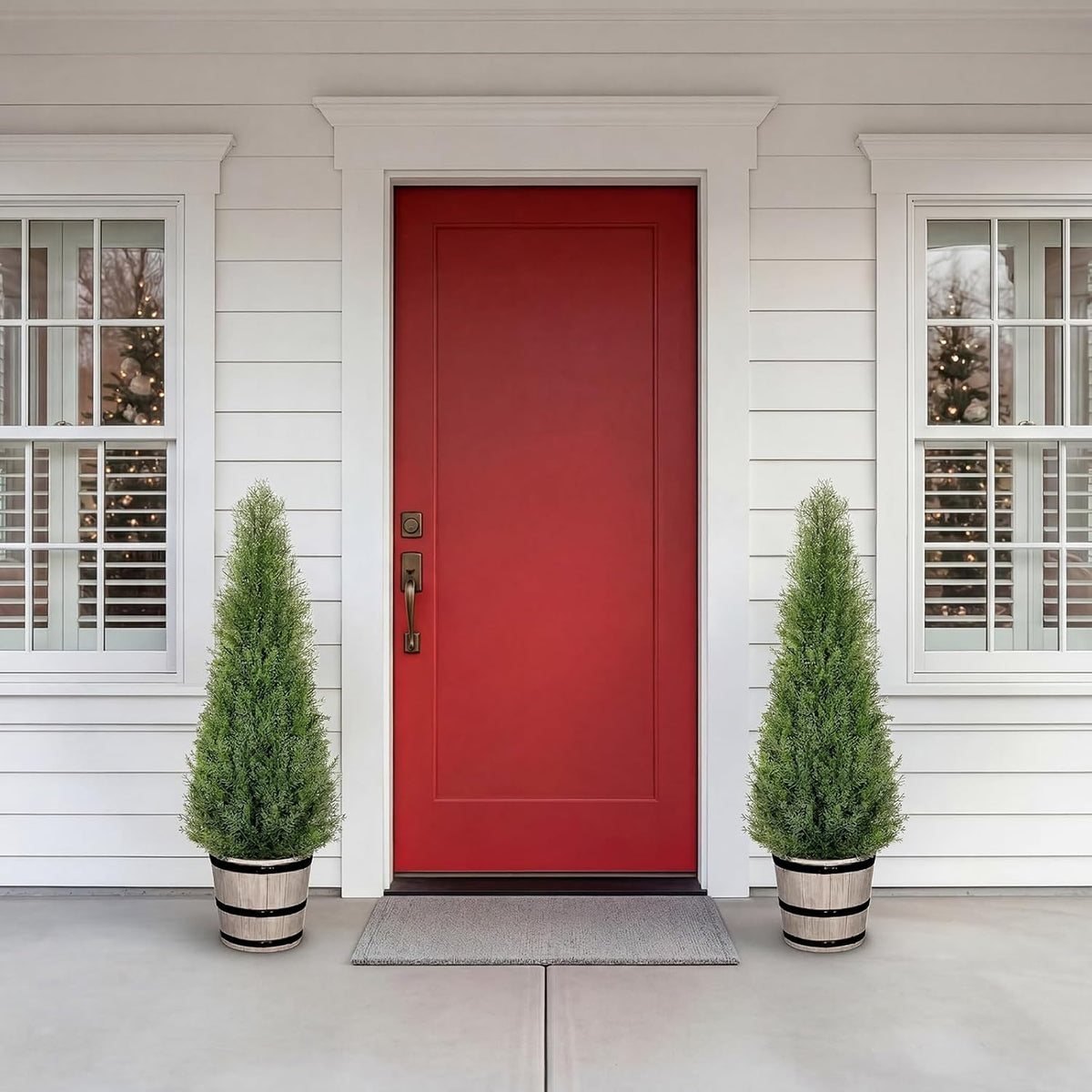 Artificial Cedar Trees 4FT Faux Cedar Topiary Evergreen Plants Outdoor Indoor Fake Cypress Pine Trees with Barrel Planter for Front Porch Entryway Patio Garden Home Decor Set of 2
