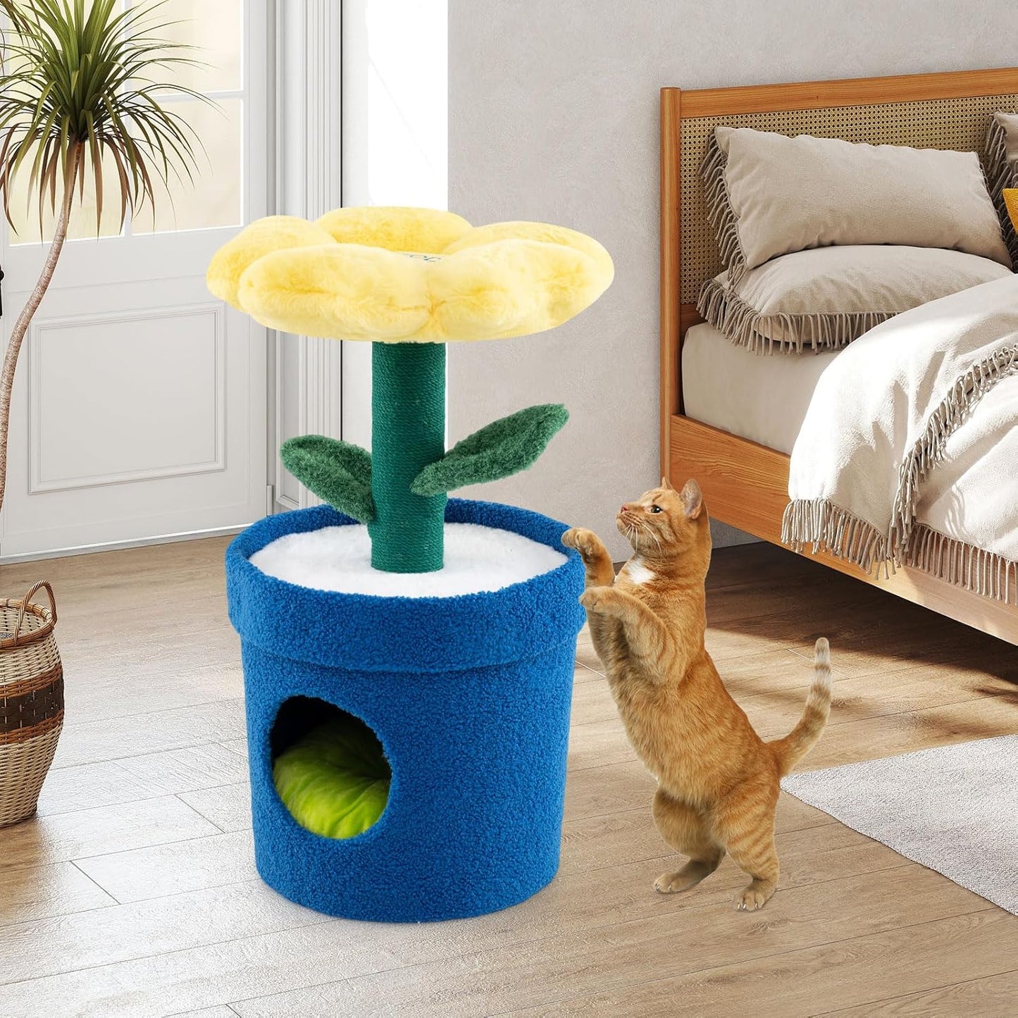 28.5-inch Potted Plant-Shaped Cute Cat Tree | Novel Small Flower Cat Tower | Scratching Post | Flower-Shaped Comfy Top Perch | Bottom Cozy Condo with Removable Soft Pad