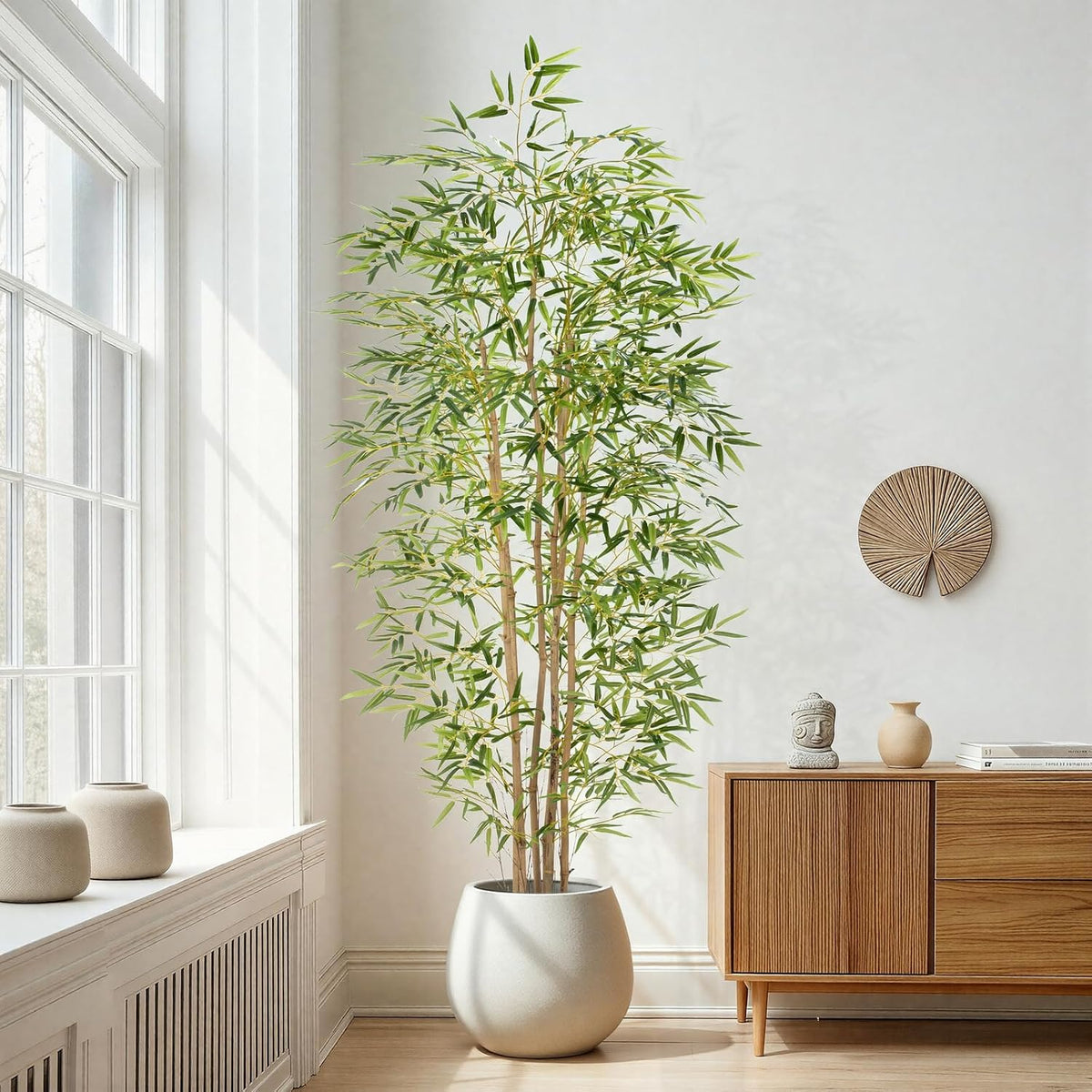 Artificial Bamboo Tree, Fake Bamboo Plant 5FT Tall with 6 Natural Real Bamboo Trunks, Artificial Tree Indoor Decor Faux Silk Tree for Home Office Living Room Modern Decor