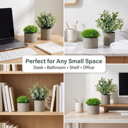 Artificial Potted Plants Faux Greenery in Cement Pots for Shelf, Bookshelf, Office or Home Decor, Small Decorative Fake Plants for Modern Indoor Display