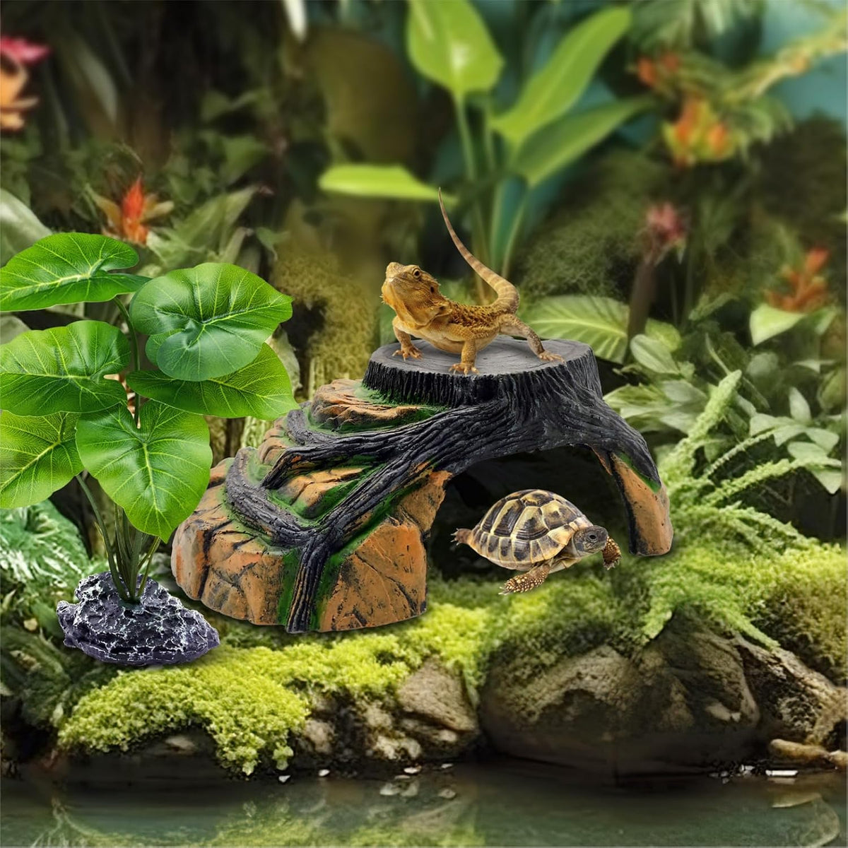 Reptile Hideout Cave,Turtle Tank Accessories Decor,Basking Platform for Bearded Dragon,Snake and Leopard Gecko.(Grey Hill-M-Kit)