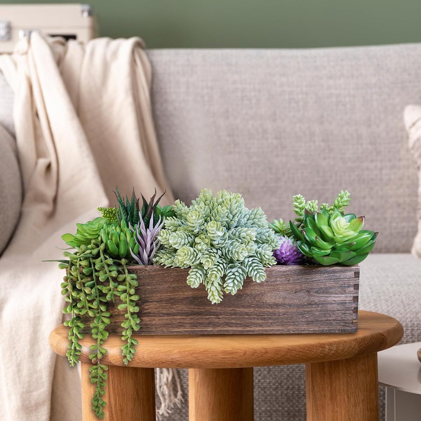 15" Assorted Artificial Succulent Arrangement Assorted Succulents in Rectangular Wooden Planter Faux Potted Plant for Farmhouse Table Centerpiece Windowsill Shelf Desk Mantel Greenery Décor