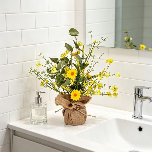 14inch Artificial Daisy and Forsythia Tabletop Decor with Burlap Base, Faux Yellow Flowers Tree Farmhouse Daisies Arrangement for Spring Summer Table Centerpiece Shelf Mantel Decoration