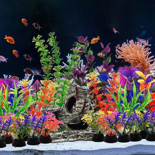 25 PCS Aquarium Plants & Rock Cave Decorations Set – Colorful Fish Tank Plastic Plants Ornaments with Resin Rock Hideout, Realistic Aquarium Decor Accessories for Freshwater & Saltwater Tanks