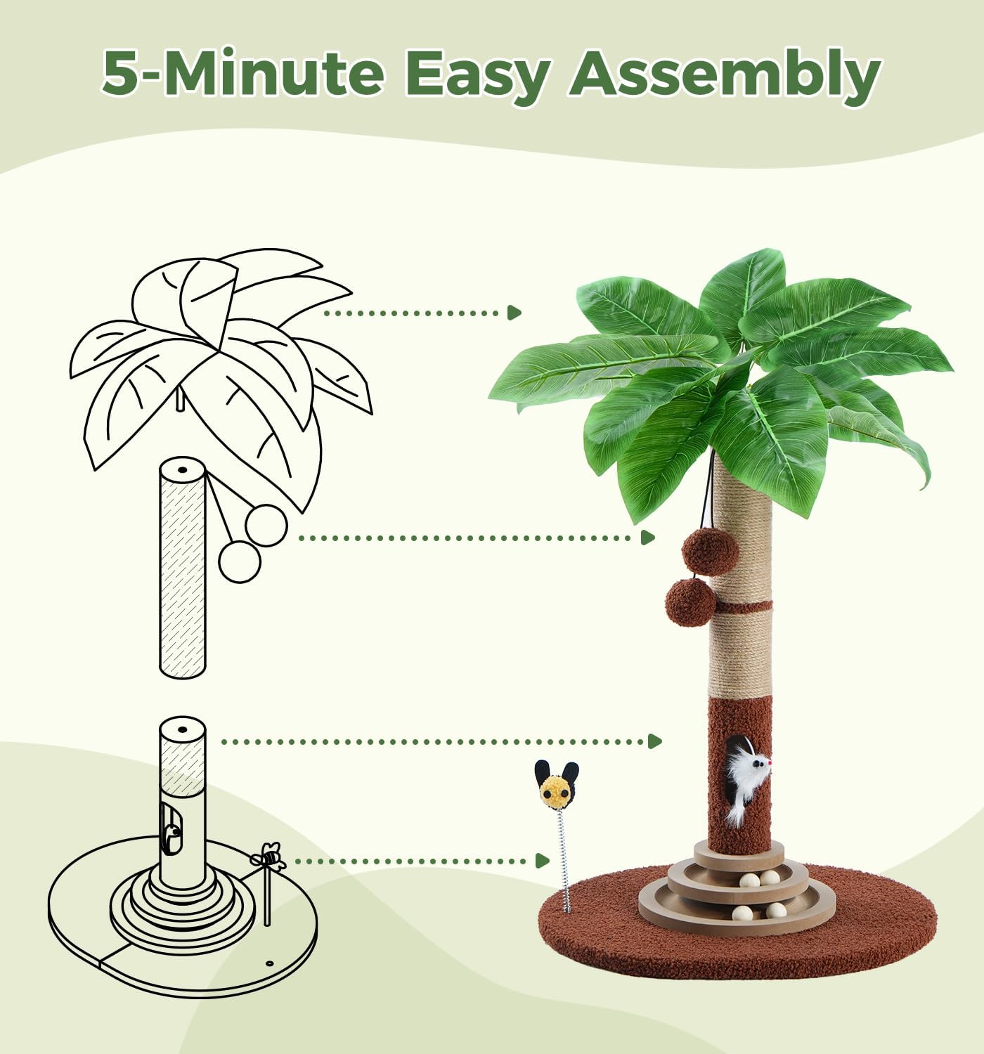 35" Tall Cat Scratching Post with Sisal Rope, Interactive Hanging Balls, Toy Mouse and Two-Layer Ball Track Cat Toys, Palm Tree Cat Scratcher Tower for Indoor Cats and Kittens