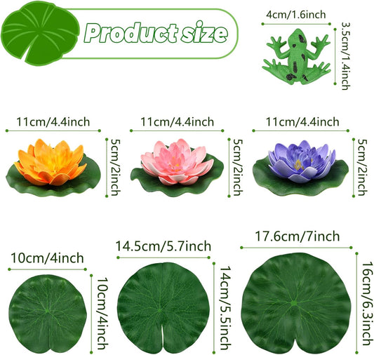 10pcs Floating Foam Lotus Flowers with Artificial Frog Lotus Leaves, Lily Pads for Lake, Artificial Pond Plants Ornaments for Pool Aquarium Water Decoration, Colorful