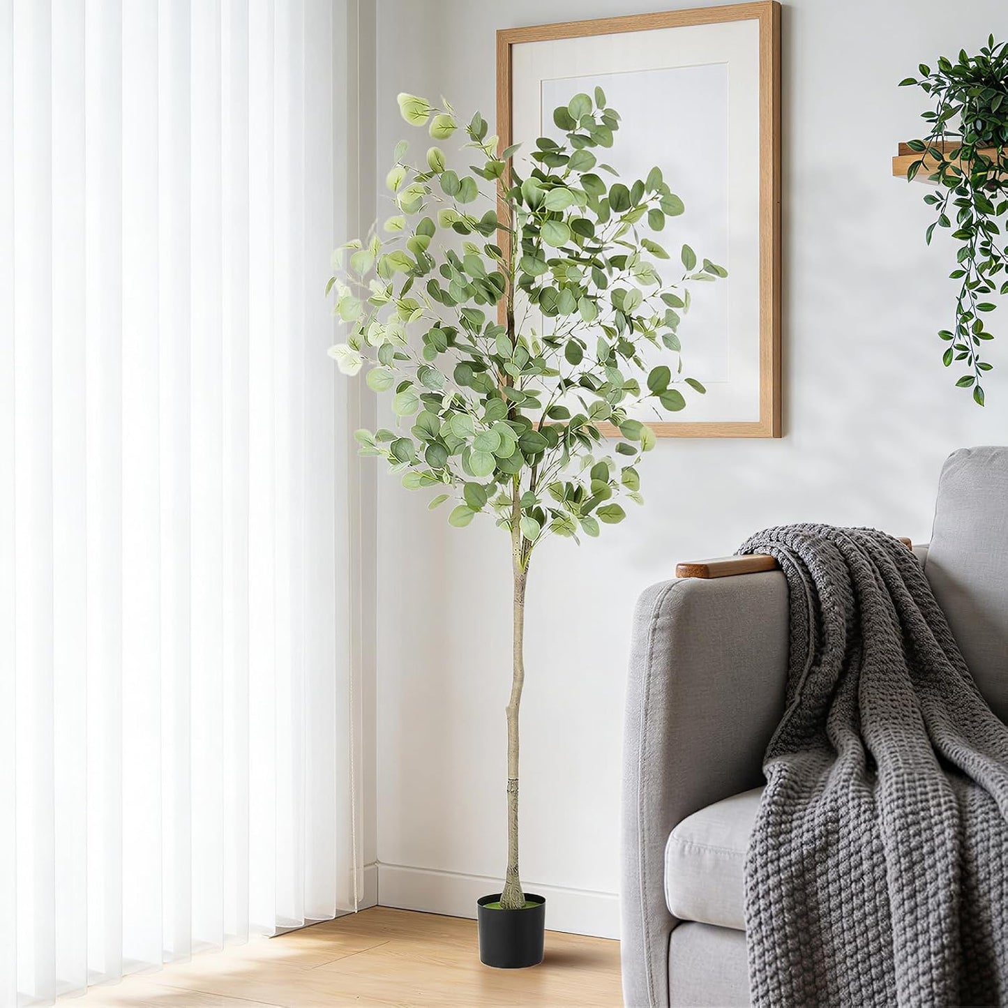 6Ft Faux Eucalyptus Tree Fake Artificial Tree Indoor Outdoor | Tall Faux Floor Plant with Realistic Silk Leaves, Natural Trunk for Home, with Plastic Nursery Pot, Low Maintenance