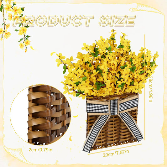 Yellow Forsythia Wreath Spring Door Hanger Basket Wreath, Artificial Spring Summer Flowers Wreathes with Green Leaves for Front Door Indoors Outdoor Decor Rustic and Farmhouse Yellow Wreathes