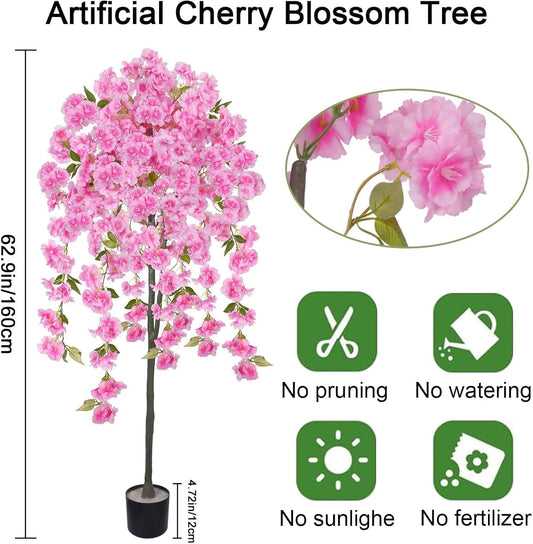 5FT Artificial Cherry Blossom Tree Faux Pink Tree Silk Sakura Tree with Plastic Moss Pot Artificial Trees for Home Decor Indoor Living Room Entryway Bedroom Office Sakura Decor