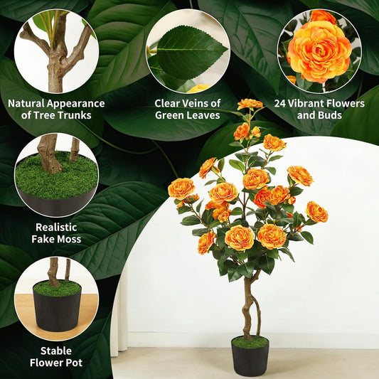 Artificial Camellia Tree 2 Pack, 42'' Faux Camellia Plant in Pot with 24 Blooming Flowers, Fake Greenery Potted Plant for Indoor Outdoor Home Floor Office Porch Decor (Orange)