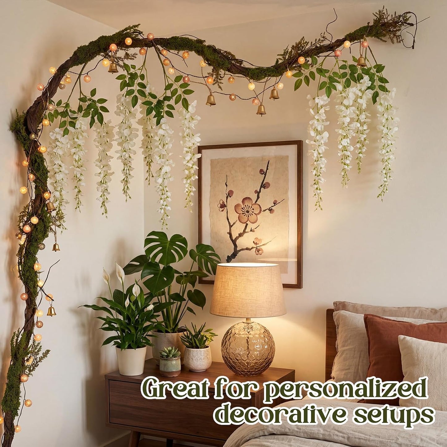 2 Pcs 6.56 Ft Large Bendable Artificial Tree Branches with Fake Moss and Ferns Sturdy Hanging Fake Plants Branches Vine for 3D Gardens Jungle Themed Parties and Wedding Arch Decorations
