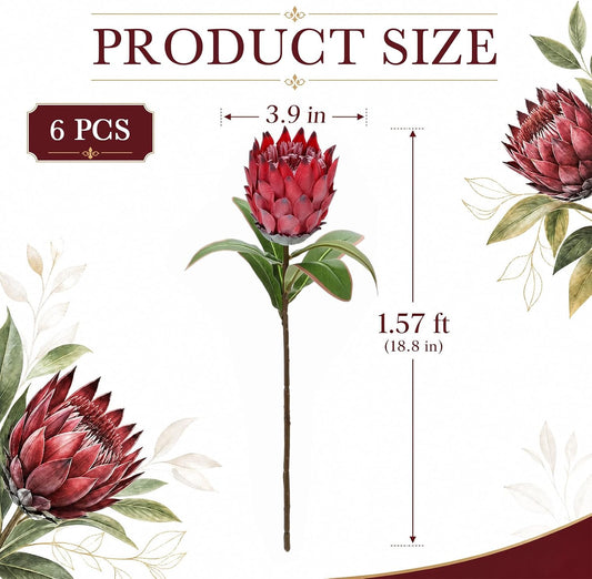 6 Pcs 1.57ft Artificial King Protea Flowers Red Silk Fake Tropical Protea Bouquet Faux Silk Flowers for Christmas Home Decor Wedding Table Centerpieces