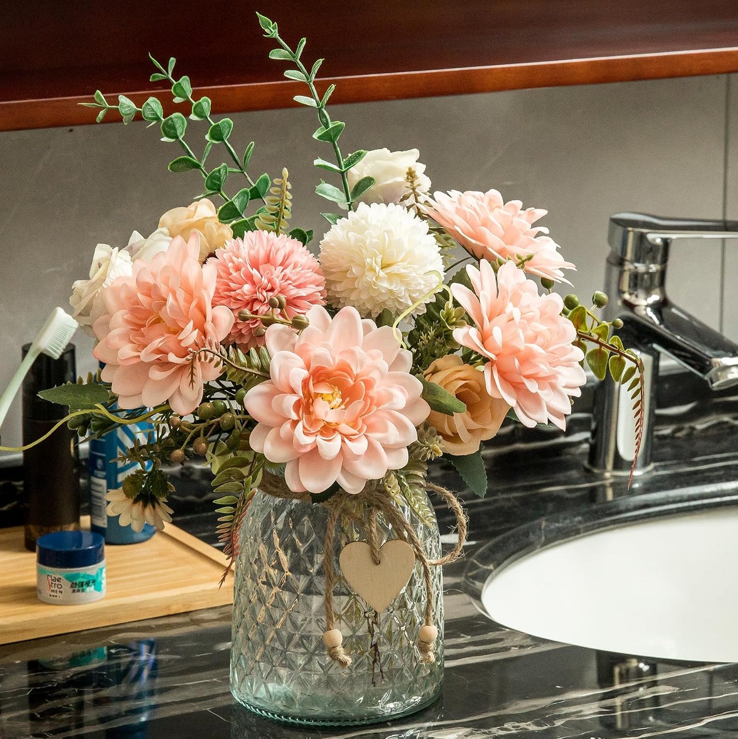 Fake Flowers with Vase,Faux Flowers in Vase for Home Decor,Silk Pink Dahlia Artificial Flowers with Vase for Coffee Table Decor,Living Room Bathroom Plant Decor, Centerpiece Table Decorations