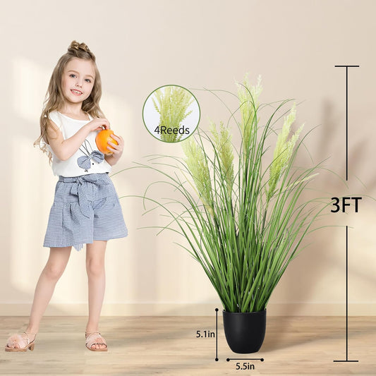 3ft Artificial Plants Onion Grass, 35 in Fake Shrubs Wheat Grass in Pot, for Indoor Outdoor Garden Office Home Decor, Faux Plant Greenery, Green