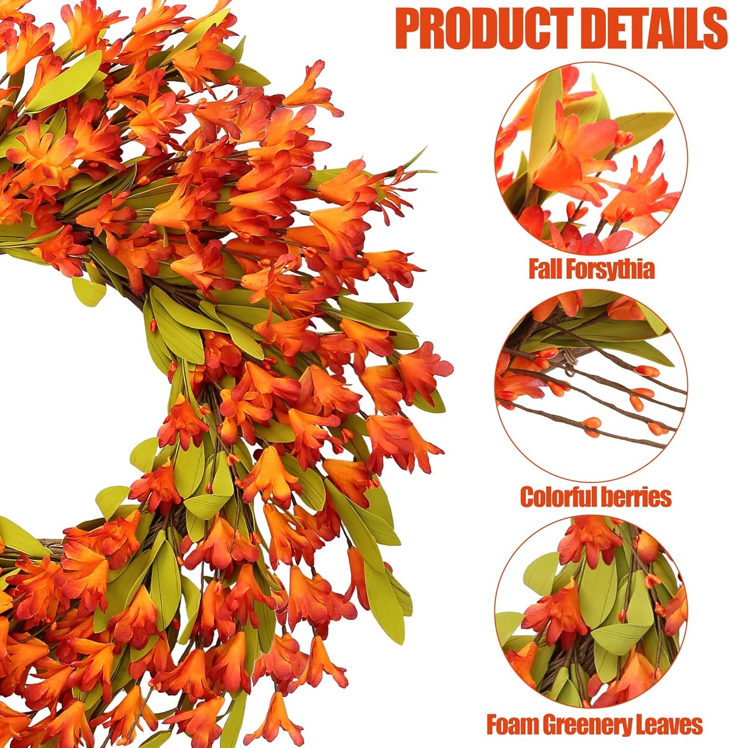 Artificial Fall Wreath 22’’ Autumn Front Door Wreath with Forsythia Flowers Greenery Leaves Orange Berries for Outside Indoor Wall Window Festival Thanksgiving Fall Harvest Autumn Decor