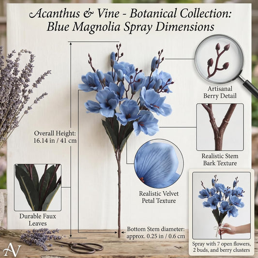 8 Pack 16 Inch Artificial Magnolia Flowers Stem Faux Magnolia Branches Silk Flowers Bendable Stem for Vase Arrangement Wedding Decor Party Centerpieces Home Decoration(Blue)