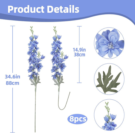 8PCS White Delphinium Artificial Flower Silk Larkspur Flowers 34.6'' Long Stem Plant Floral Silk Flowers Faux Bouquets for Tall Vase Floral Arrangements Floor Home Garden Outdoor Wedding Decor