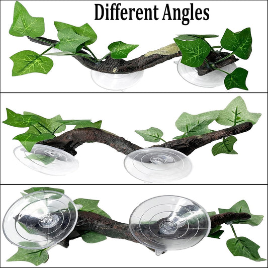 Reptile Corner Branch Resin Climb Tree Branch Decor with Leaves Terrarium Plant Decoration with Suction Cup Gecko Plant Ornament for Amphibian Lizard Snake Climbing