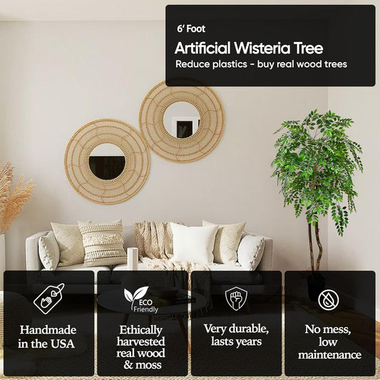 Handmade 6ft Artificial Wisteria Tree with Real Wood Trunks, Hypoallergenic, 6 Foot, Green