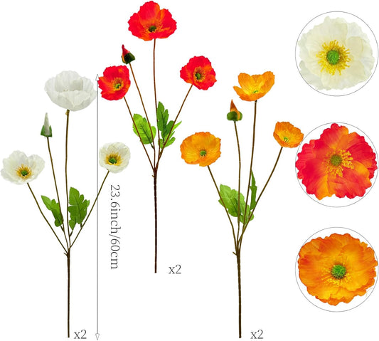 Artificial Poppy Flowers 6 Stems Poppy Silk Bouquet Real Touch Faux Poppy Spring Flowers for Wedding Home Kitchen Party Decoration Table Centerpiece Arrangement