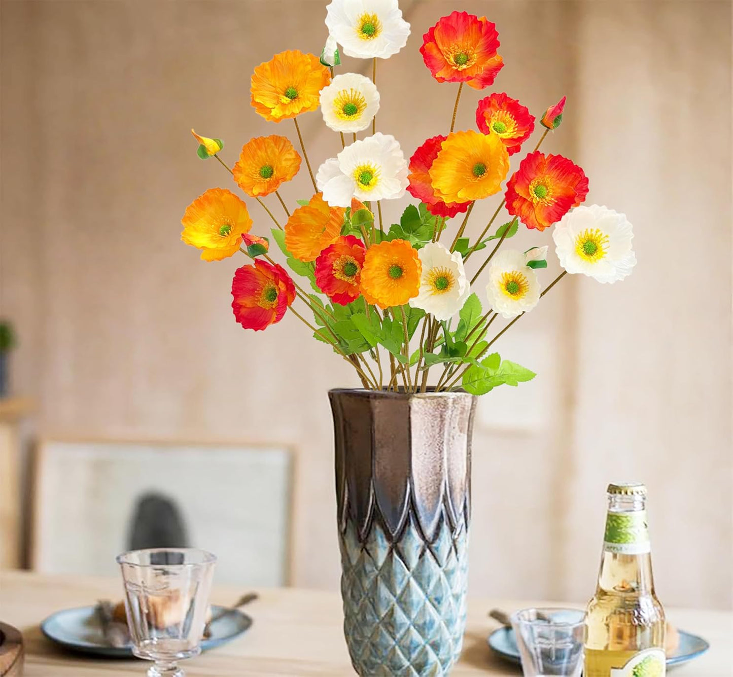 Artificial Poppy Flowers 6 Stems Poppy Silk Bouquet Real Touch Faux Poppy Spring Flowers for Wedding Home Kitchen Party Decoration Table Centerpiece Arrangement