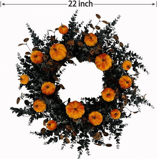 22" Halloween Wreath for Front Door Halloween Door Wreath with Pumpkins,Bronze and Black eucalptus Leaves for Front Door Indoor Outdoor Farmhouse Home Wall Window Festival Wedding Decor