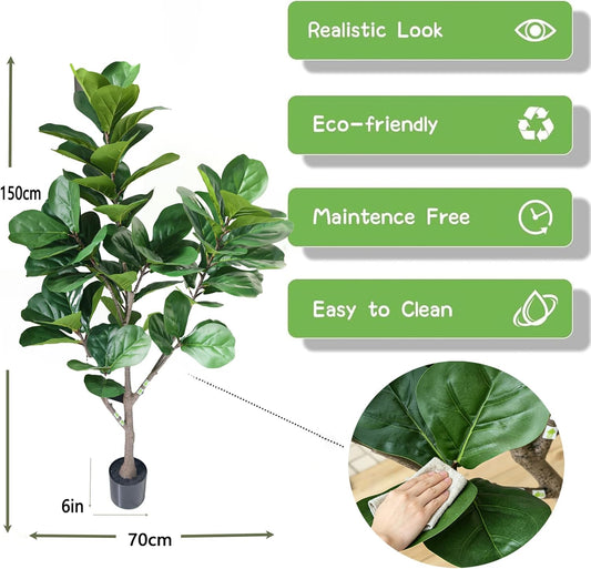 5ft Artificial Fiddle Leaf Fig Tree,Lifelike Indoor Faux Plant with Adjustable Branches,Easy Assembly,and Low Maintenance for Home and Office Decor