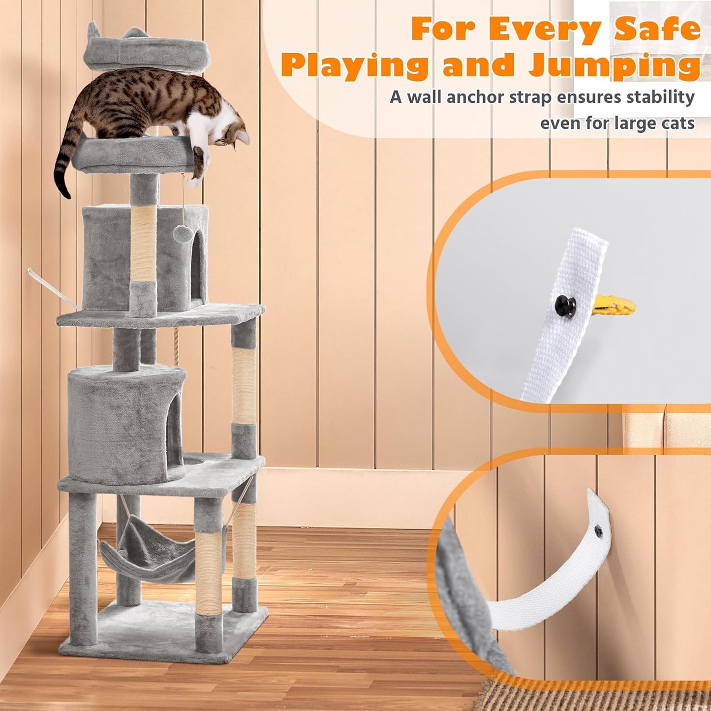 62.5inches Cat Tree Cat Tower Kitten Condo with Platform & Hammock, Scratching Posts for Kittens Pet Play House with Plush Perch for Indoor Activity Relaxing, Green