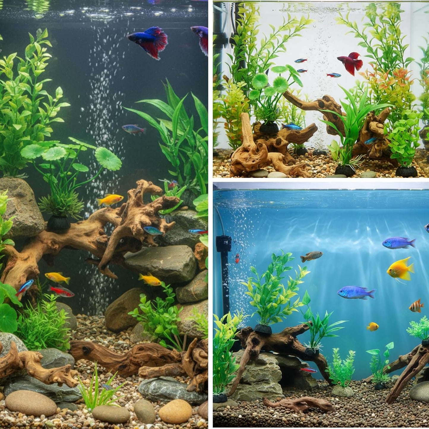 16 Pcs Aquarium Decor Fish Tank Decorations Include 6 Small Natural Coral Driftwood Spiderwood and 10 Green Plastic Plants for Reptile Terrarium Accessories Goldfish Tank Decor