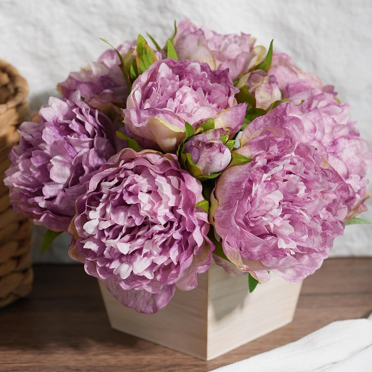 Artificial Hydrangea Flowers Arrangement in Wood Planter, 4PCS Fake Flowers in Wooden Vase Potted Floral Centerpieces for Tables Living Room Home Office Kitchen Decor (Pink Peony)